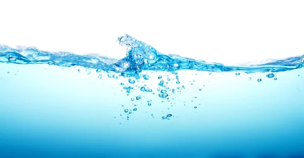 Close-up van blauwe Water splash met bubbels op witte achtergrond — Stockfoto