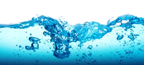 Nära håll blå vattenstänk med bubblor på vit bakgrund — Stockfoto