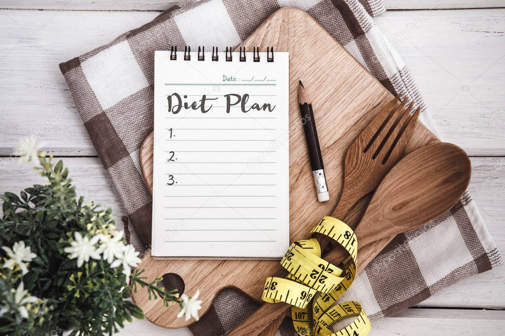 Line Notepad with Diet Plan list text  on chopping board with wo