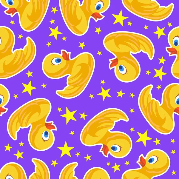 Wesoły Dziecięcy Bezszwowy Wzór Żółte Kaczki Gwiazdy Fioletowym Tle Ilustracja — Wektor stockowy
