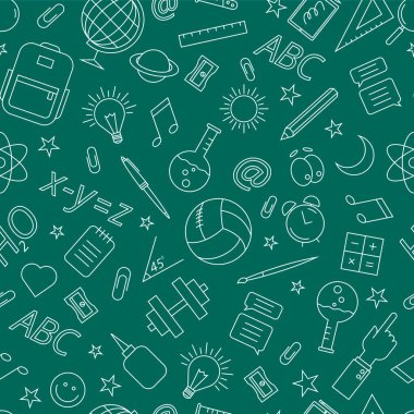 Okuldaki karalama kalıpları. Yeşil arkaplanda vektör illüstrasyonu.