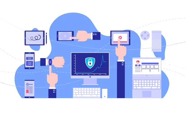 Uso Aparatos Seguridad Internet Fondo Brillante Estilo Plano Ilustración Vectorial — Vector de stock