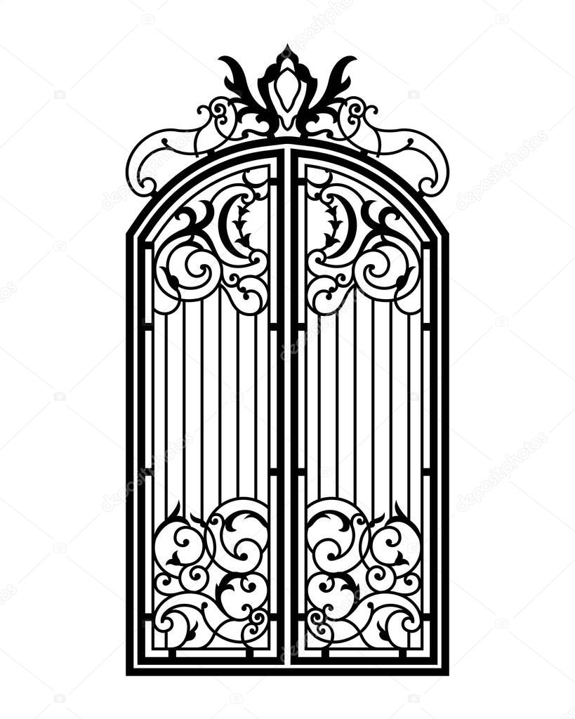 Closed Forged Ornate Gate. Black silhouette. Vector illustration.