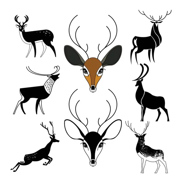 Zestaw Znaków Jelenia Dla Logo Różnych Stylach Czarne Sylwetki — Wektor stockowy