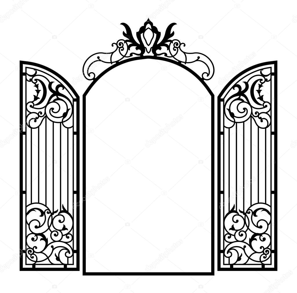 Open Forged Ornate Gate. Vintage style. Vector illustration.