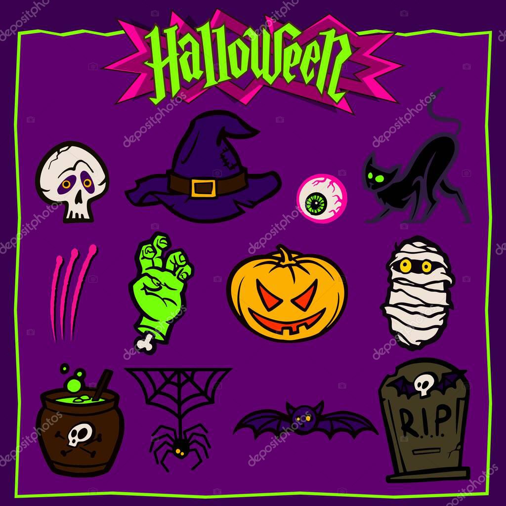 Set of color halloween icons. Vector illustration