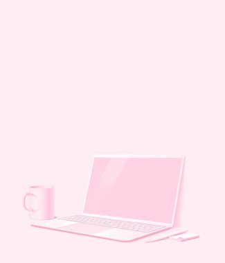 Ofis işyeriyle dikey arka plan. Bir laptop, bir kupa, bir kalem ve bir defter. Pembe renk.