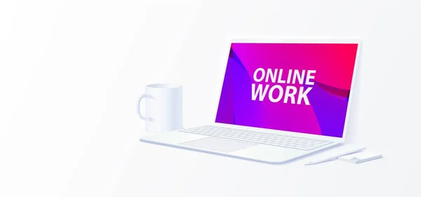 Çevrimiçi iş konulu yatay afiş. Bilgisayarı aç. Minimalizm. Vektör illüstrasyonu