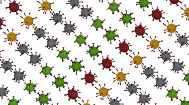 Beyaz arkaplanda çok renkli koronavirüs deseni.