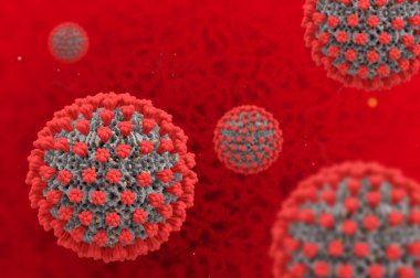 Kızıl organik arka planda yüzen Covid19 Corona virüsü. 3D Tıbbi Çizim. Mikroskobik görüntü. Corona virüsü kavramı. Corona virüsü salgını.