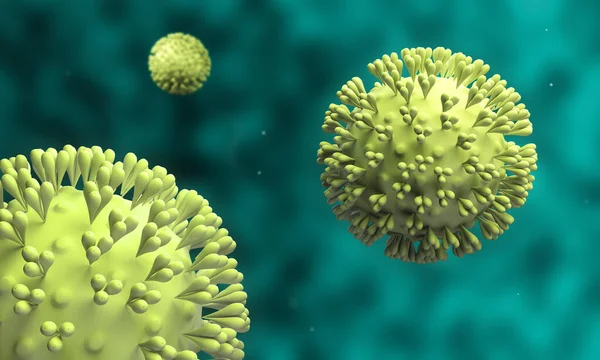 Coronavirus 2019-nCov. 3d Illustration Microscopic view of virus cells close up.Artistic render of Corona virus on a Green background.