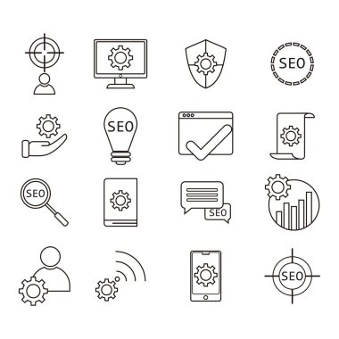 SEO simgesi vektör illüstrasyonunu ayarla. Strateji, pazarlama, web sitesi, hedef, eğitim, arama motoru optimizasyonu ve daha fazlası gibi simgeler içerir. modern vektör illüstrasyonu