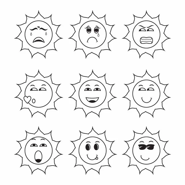 様々な太陽の表情のコレクション 舌で顔を巻き 混乱顔 怒りなどのアイコンが含まれています ベクターイラスト — ストックベクタ