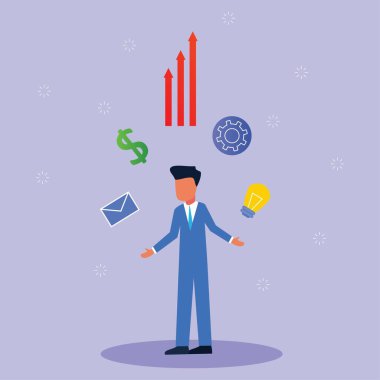 Akıllı vektör düz yatırımı. Çeşitli iş simgelerine sahip girişimciler. Resmi giyinmiş mutlu bir iş adamı. Başarılı yatırımcılar, girişimler, iş fikirleri