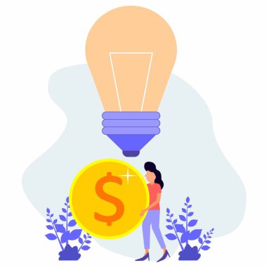Madeni para çalarken parlak dostça bir fikri olan bir mali danışman. Başarılı yatırımcı ya da girişimci. Finansal danışmanlık, yatırım ve tasarruf. Modern vektör illüstrasyonu.