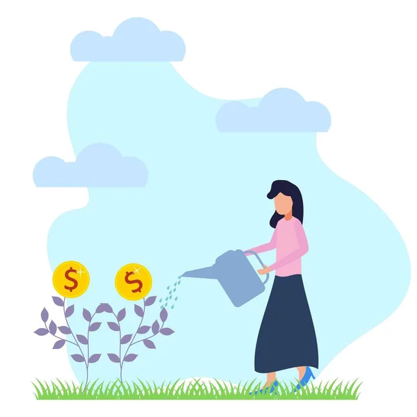 Διανυσματική Απεικόνιση Γυναίκες Επιχειρηματίες Που Ποτίζουν Λουλούδια Που Φέρουν Νομίσματα — Διανυσματικό Αρχείο