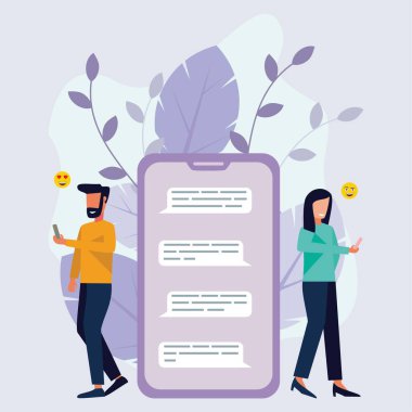 Bir erkek ve bir kadın cep telefonlarıyla birbirlerine mesaj yolluyorlar. Kariyer, hobi ve eğlence hakkında konuşur. Vektör düz resimleme