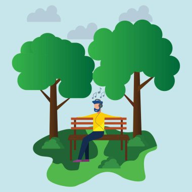 Şehir parkında rahatlayan, mutlu bir şekilde müzik dinleyen serbest çalışan bir işçi. Vektör düz resimleme