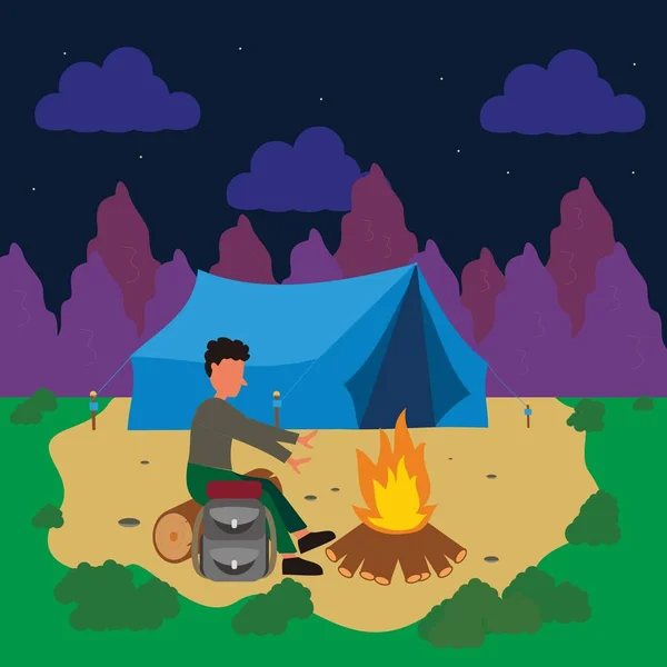 Camping at night enjoying the night with a campfire while warming the body. Modern vector illustration