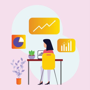 Bir iş kadını laptopuyla çalışıyor. Arka planda çalışma süreci simgeleri olan modern ofis içi. Vektör illüstrasyonu.