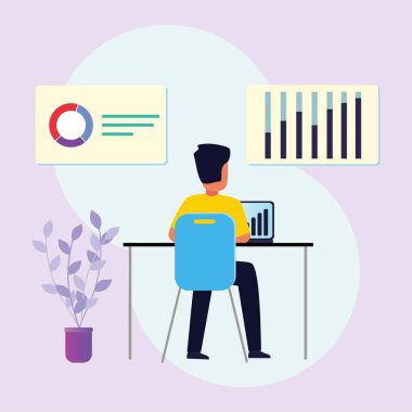 Genç bir iş adamı dizüstü bilgisayarı üzerinde çalışıyor. Arka planda çalışma süreci simgeleri olan modern ofis içi. Vektör illüstrasyonu.