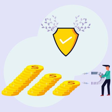 İş adamı elinde büyük bir mıknatıs tutuyor ve bir yığın para çekiyor. Yatırım çekiciliği kavramı. Modern vektör illüstrasyonu.