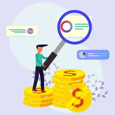 İş adamı grafiğe doğru büyüteç tutuyor. Ekonomik büyüme ve yatırım kavramı. Modern vektör illüstrasyonu.