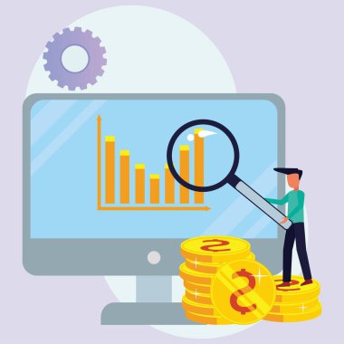 Büyüteci olan iş adamları gösterge panelleri yapar ve grafiklerle etkileşim kurarlar. Veri analizi ve ofis durumu. Vektör illüstrasyonu