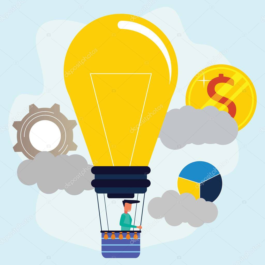 Vector illustration, businessman riding a blimp made of a large light bulb in search of vector-ideas