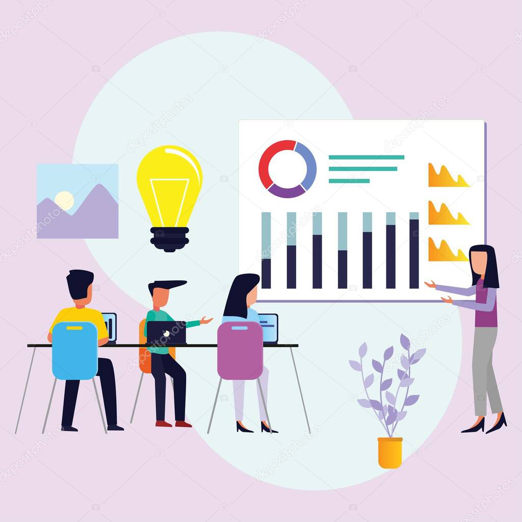 Business women present new projects to partners and partners. He shows graphs and pie charts. The trainer gives a presentation to the client in the conference meeting room. Modern vector illustration.