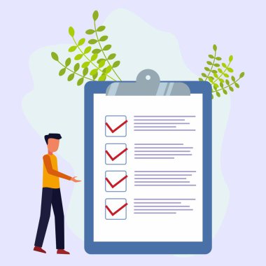 Yanlarında duran olumlu iş adamları pano kağıdında bir kontrol listesi ile işaretlenmiş. İş atamalarını başarıyla tamamladı. Düz vektör illüstrasyonu.