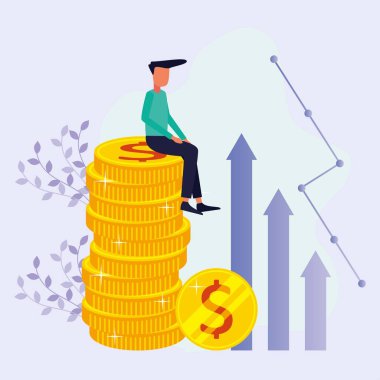 Finansal danışmanın el sallayan, dostane bir madeni para yığını üzerinde bir unvanı var. Başarılı yatırımcı ya da girişimci. Finansal danışmanlık, yatırım ve tasarruf. Modern vektör illüstrasyonu.
