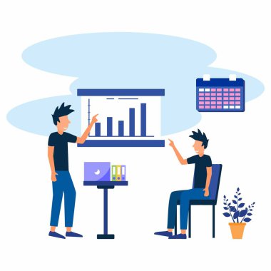 İş adamları ortaklarına ve meslektaşlarına yeni projeler sunar. Grafikler ve pasta grafikleri gösteriyor. Mavi temalı iç mekan. Modern vektör illüstrasyonu.