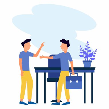 İki insanın birbiriyle iletişim kurduğu çalışma alanı. İş ekipleri dizüstü bilgisayar kullanarak büyük masalarda birlikte çalışırlar. Mavi temalı iç mekan. Düz tasarım biçiminin vektör illüstrasyonu.