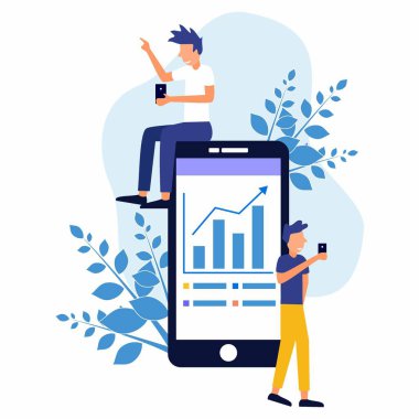 Vektör illüstrasyonu, grafikler, ticari işlemler ve diğerleri içeren büyük bir akıllı telefonun etrafındaki genç adam..