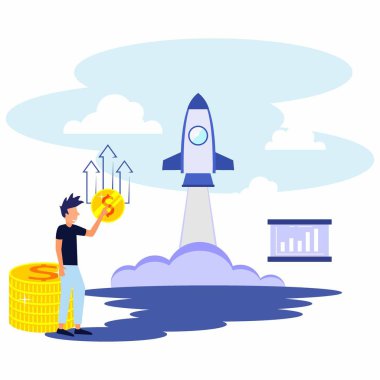 Kişiyi düşünen karakterin vektör çizimi. Yeni bir iş projesi hazırlıyorum. Başarı yolunda bir kariyerin ortaya çıkması, düz renk simgeleri, iş analizleri.