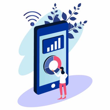 İş kadınları akıllı telefonlarla iletişim kurar ve istatistikleri analiz ederler. Veri görselleştirme kavramı. 3B izometrik vektör çizimi.