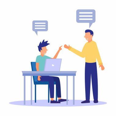 İki erkek iş arkadaşı odadaki bir masada ofis molası verirken sohbet ettiler. Modern düz vektör illüstrasyonu.