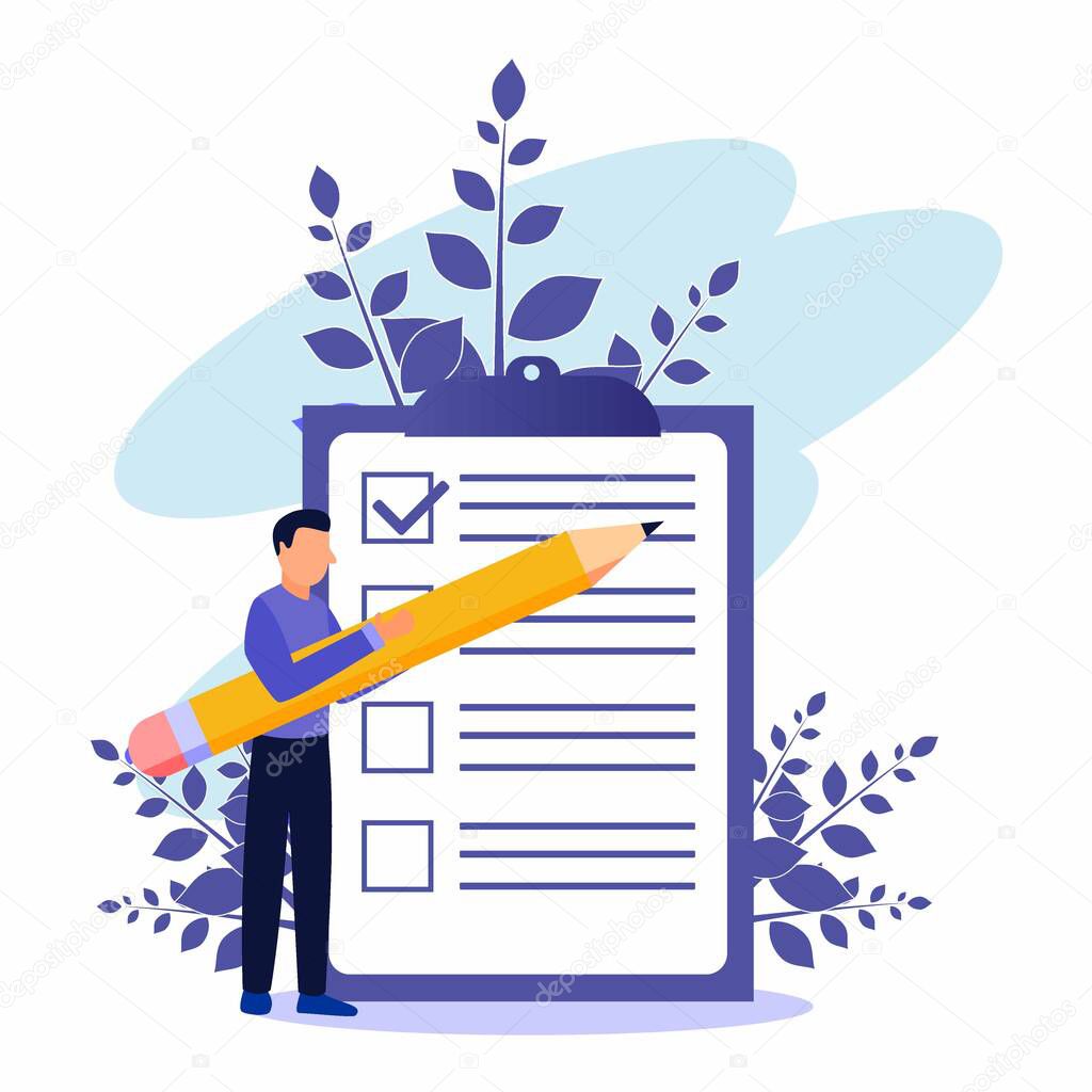 Positive business people with giant pencils in their hands are marked with checklists on paper clipboards. Successfully complete business assignments. Flat vector illustration.