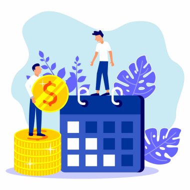 Vektör çizimi. Karakter 2 genç iş adamı bir şirket çizelgesi oluşturur ve takvimde hedef alınır. İş grafikleri için tasarım çizelgesi görevleri - Vektör - Vektör.