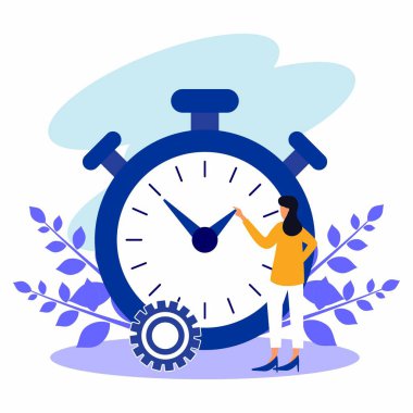 Vektör illüstrasyonu, kronometresi beyaz bir kadın, ekspres servis, zaman yönetimi kavramları, hızlı tepkiler.