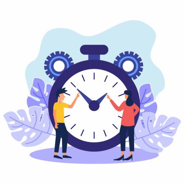 Vektör illüstrasyonu, kronometre beyaz geçmişi olan genç erkek ve kadın, ekspres servis, zaman yönetimi konsepti, hızlı tepki.