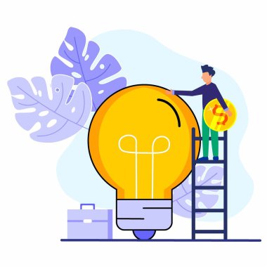 Büyük bir ampulün yanında bozuk parası olan bir iş adamı. Fikir kuşağı. Beyin fırtınası ve takım çalışması kavramı. Modern vektör illüstrasyonu.