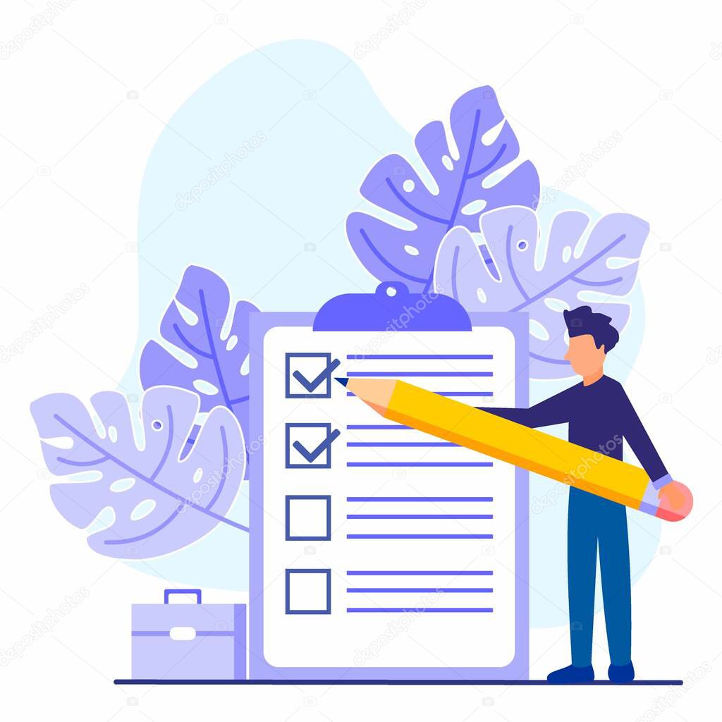 Young business people with giant pencils in their hands are marked with checklists on clipboard paper. Successfully complete business assignments. Flat vector illustration.