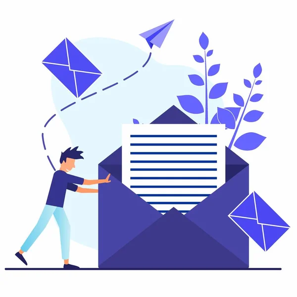 Grote Blauwe Envelop Een Knappe Jongeman Duwt Een Brief Enveloppe — Stockvector