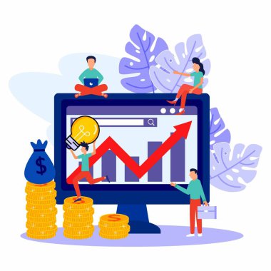 Vektör çizimi. Yaratıcı takım çalışması. Ofis çalışanları internet üzerinden iş projeleri inşa ediyorlar. Monitör ekranı bir inşaat alanı. Toplu görevlerin performansı. - Vektör.