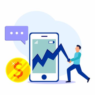 Çizim vektörü genç adam grafiğin düşmesini önlüyor, iş yatırımı, yönetim ve finans.