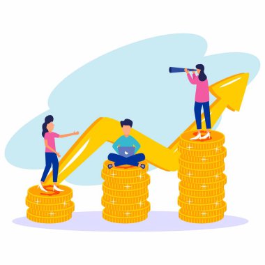 İş adamları dostane madeni paraların ve yukarı doğru grafiklerin üzerinde duruyorlar. Başarılı yatırımcı ya da girişimci. Finansal danışmanlık, yatırım ve tasarruf. Modern vektör illüstrasyonu.