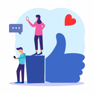 Genç erkekler ve kadınlar akıllı telefonlarını ve cep telefonlarını sosyal ağ kurmak ve arka planda büyük simgelerle blog yazmak için kullanıyorlar. Sosyal medya ve pazarlama kavramları. Modern vektör illüstrasyonu.