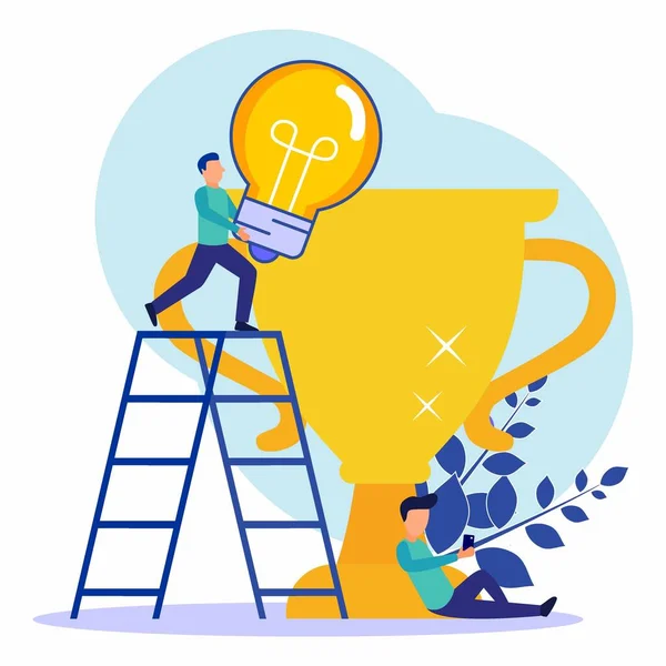 Modern düz vektör illüstrasyonu, başarı kavramı, hedeflere ulaşmak, parlak fikirler, liderlik pozisyonu almak, zaferi kutlamak, birincilik madalyası ve altınla birinci olmak..